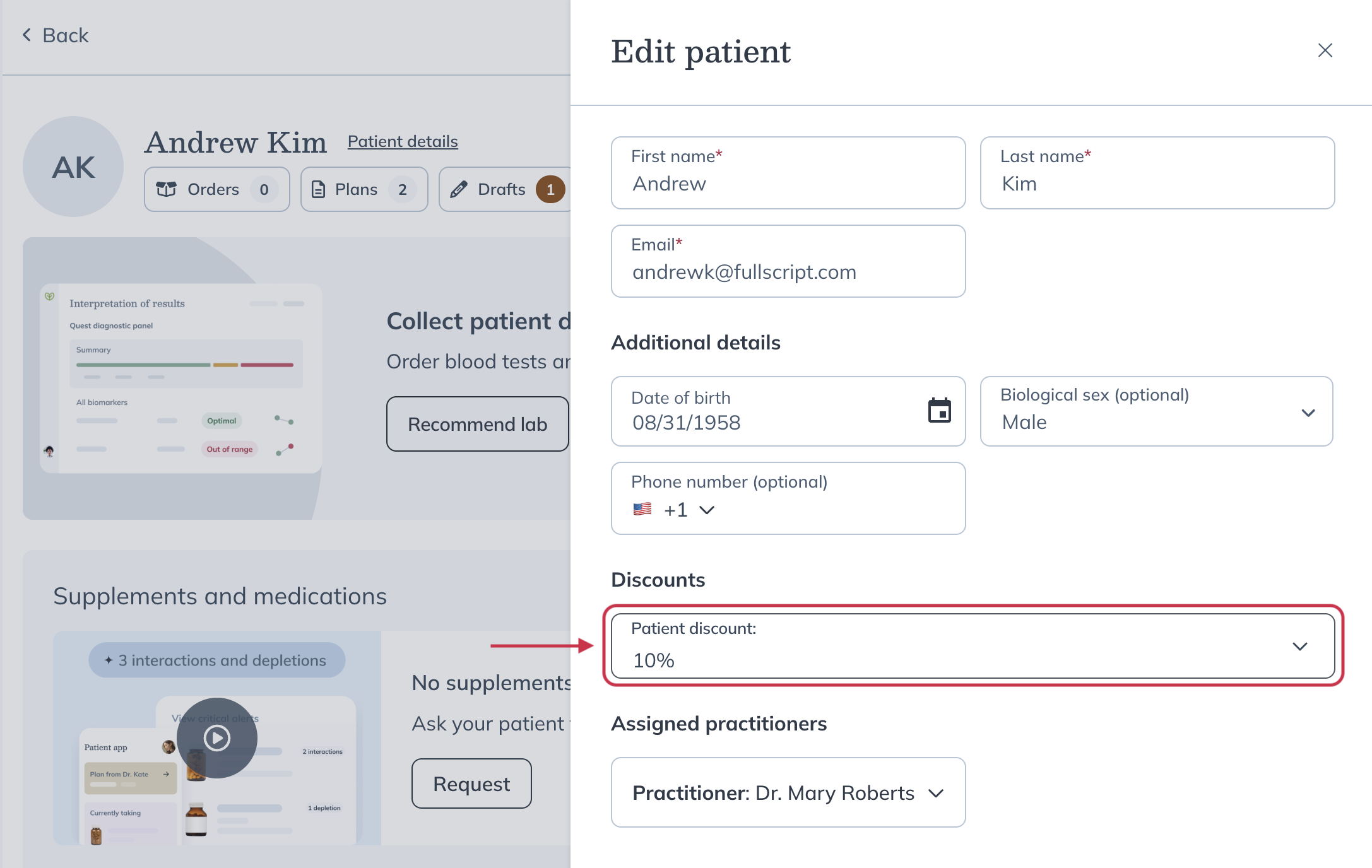 The Edit patient screen showing the Discounts dropdown and 1st product order discount option.